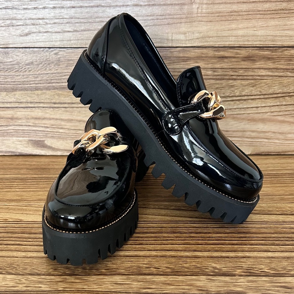 exé Y2K Black Patent Leather Chunky Platform Loafers w Rose Gold Chain sz 37 EUC